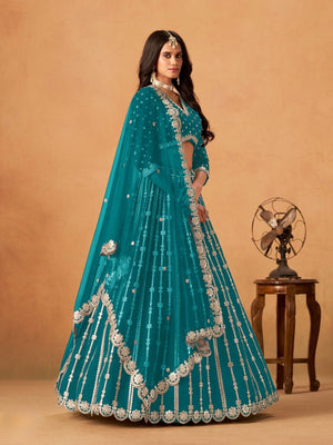 Rajwada Teal Blue Silk Blend Embellished Lehenga For Women