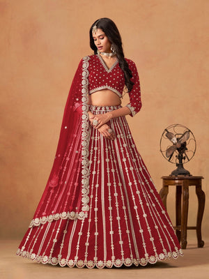 Rajwada Red Silk Blend Embellished Lehenga For Women