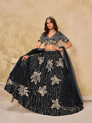 Rajwada Black Silk Blend Embroidered Lehenga For Women