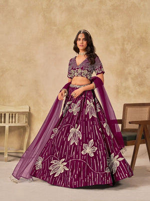 Rajwada Wine Silk Blend Embroidered Lehenga For Women