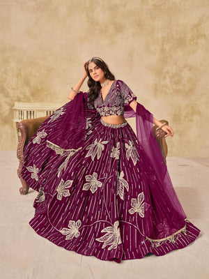 Rajwada Wine Silk Blend Embroidered Lehenga For Women