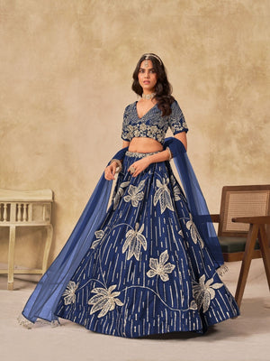 Rajwada Navy Blue Silk Blend Embroidered Lehenga For Women
