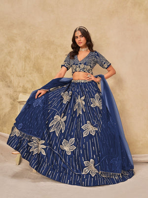 Rajwada Navy Blue Silk Blend Embroidered Lehenga For Women