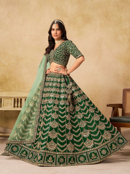 Rajwada Dark Green Silk Blend Embellished Lehenga For Women