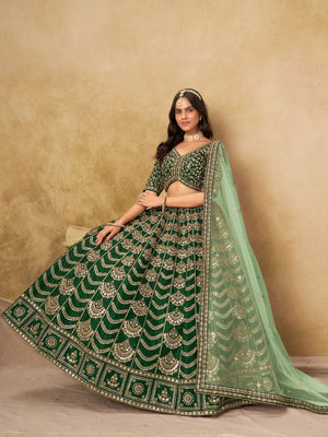Rajwada Dark Green Silk Blend Embellished Lehenga For Women