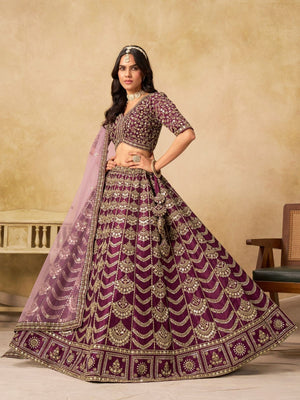 Rajwada Deep Wine Silk Blend Embellished Lehenga For Women