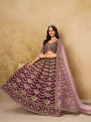 Rajwada Deep Wine Silk Blend Embellished Lehenga For Women