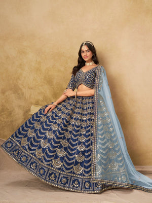 Rajwada Dark Blue Silk Blend Embellished Lehenga For Women