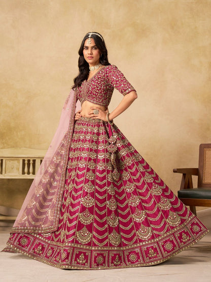 Rajwada Dark Pink Silk Blend Embellished Lehenga For Women