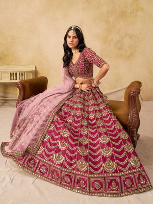 Rajwada Dark Pink Silk Blend Embellished Lehenga For Women