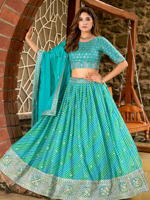 Rajwada Turquoise Blue  Silk Blend Embellished Lehenga For Women