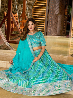 Rajwada Turquoise Blue  Silk Blend Embellished Lehenga For Women