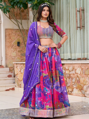Rajwada Dark Purple And Pink Silk Blend Embellished Lehenga For Women