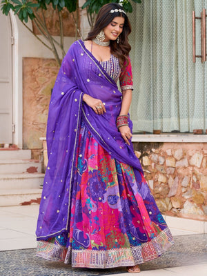 Rajwada Dark Purple And Pink Silk Blend Embellished Lehenga For Women