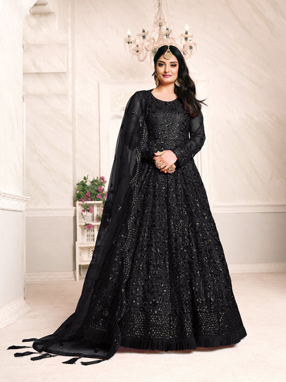 Rajwada Black Net Embroidered Semi stitched Kurta Set with Inner For Women