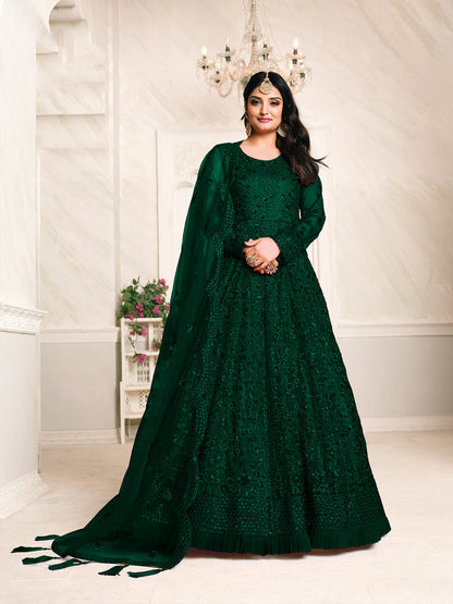 Rajwada Green Net Embroidered Semi stitched Kurta Set with Inner For Women