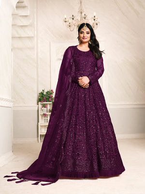 Rajwada Purple Net Embroidered Semi stitched Kurta Set with Inner For Women