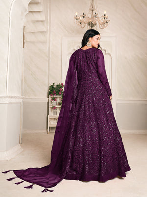 Rajwada Purple Net Embroidered Semi stitched Kurta Set with Inner For Women