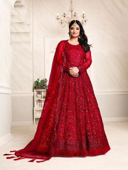 Rajwada Red Net Embroidered Semi stitched Kurta Set with Inner For Women