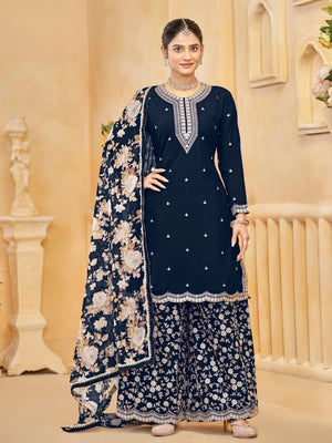 Rajwada Navy Blue Silk Blend Embroidered Semi-Stiched Kurta Set For Women