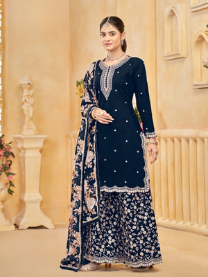 Rajwada Navy Blue Silk Blend Embroidered Semi-Stiched Kurta Set For Women