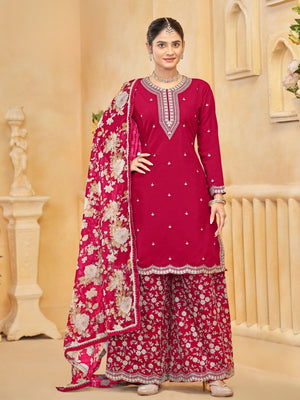 Rajwada Red Silk Blend Embroidered Semi-Stiched Kurta Set For Women