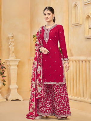 Rajwada Red Silk Blend Embroidered Semi-Stiched Kurta Set For Women
