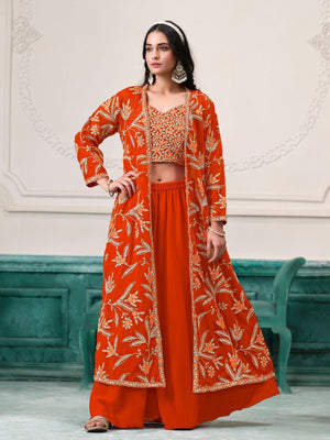 Rajwada Orange Georgette Embroidered Semi-Stiched Co-Ord Set For Women