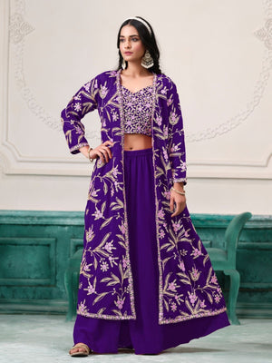 Rajwada Purple Georgette Embroidered Semi-Stiched Co-Ord Set For Women