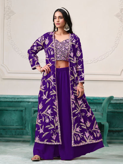 Rajwada Purple Georgette Embroidered Semi-Stiched Co-Ord Set For Women