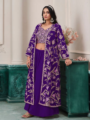 Rajwada Purple Georgette Embroidered Semi-Stiched Co-Ord Set For Women