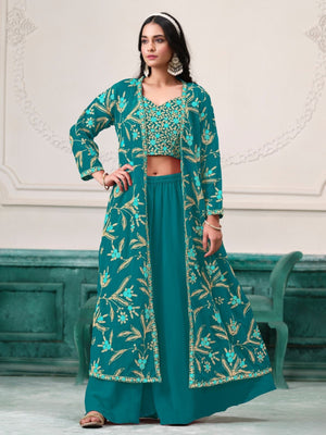 Rajwada Sea Green Georgette Embroidered Semi-Stiched Co-Ord Set For Women