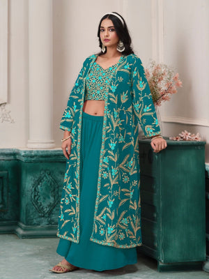 Rajwada Sea Green Georgette Embroidered Semi-Stiched Co-Ord Set For Women