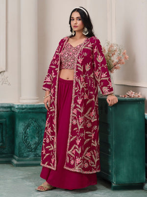 Rajwada Magenta Georgette Embroidered Semi-Stiched Co-Ord Set For Women