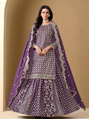 Rajwada Purple Art Silk Embroidered Semi-Stiched Kurta Set For Women