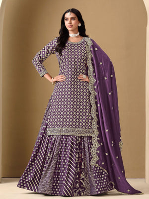 Rajwada Purple Art Silk Embroidered Semi-Stiched Kurta Set For Women