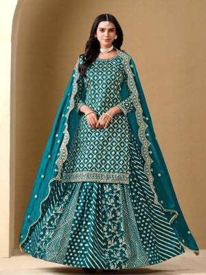 Rajwada Teal Art Silk Embroidered Semi-Stiched Kurta Set For Women