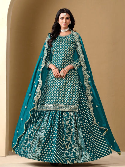 Rajwada Teal Art Silk Embroidered Semi-Stiched Kurta Set For Women