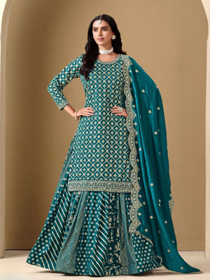 Rajwada Teal Art Silk Embroidered Semi-Stiched Kurta Set For Women