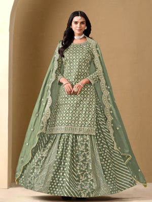 Rajwada Pista green Art Silk Embroidered Semi-Stiched Kurta Set For Women