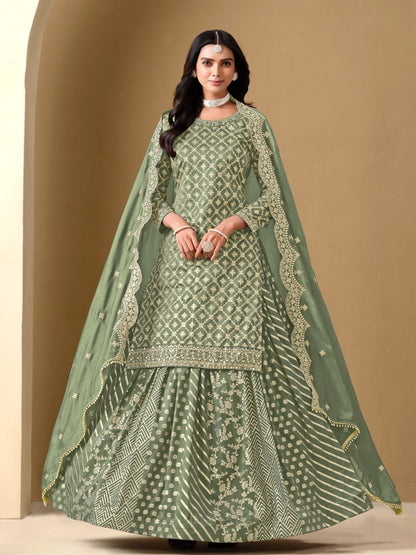 Rajwada Pista green Art Silk Embroidered Semi-Stiched Kurta Set For Women