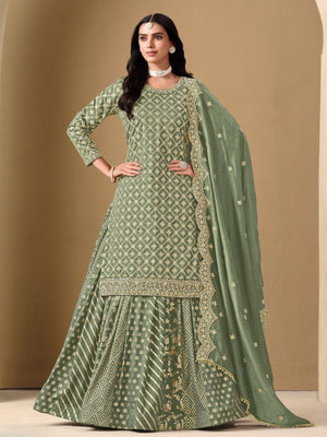 Rajwada Pista green Art Silk Embroidered Semi-Stiched Kurta Set For Women