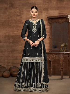 Rajwada Black Chinon Embroidered Semi-Stiched Kurta Set For Women