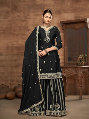 Rajwada Black Chinon Embroidered Semi-Stiched Kurta Set For Women