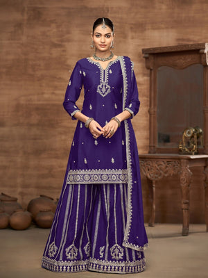 Rajwada Purple Chinon Embroidered Semi-Stiched Kurta Set For Women
