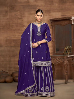 Rajwada Purple Chinon Embroidered Semi-Stiched Kurta Set For Women