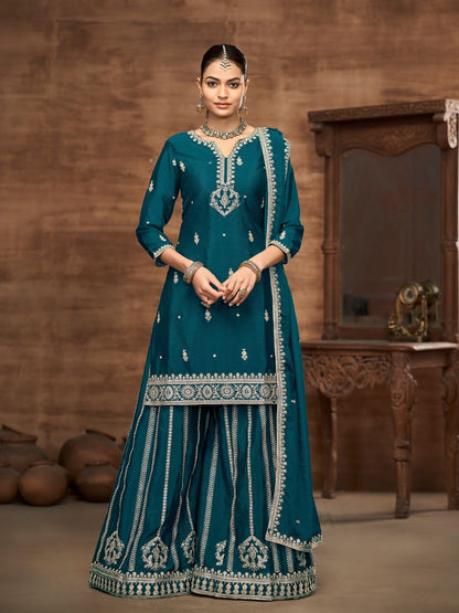 Rajwada Teal Blue Chinon Embroidered Semi-Stiched Kurta Set For Women