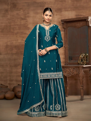 Rajwada Teal Blue Chinon Embroidered Semi-Stiched Kurta Set For Women