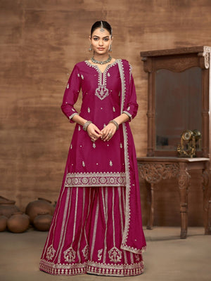Rajwada Dark Magenta Chinon Embroidered Semi-Stiched Kurta Set For Women