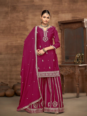 Rajwada Dark Magenta Chinon Embroidered Semi-Stiched Kurta Set For Women